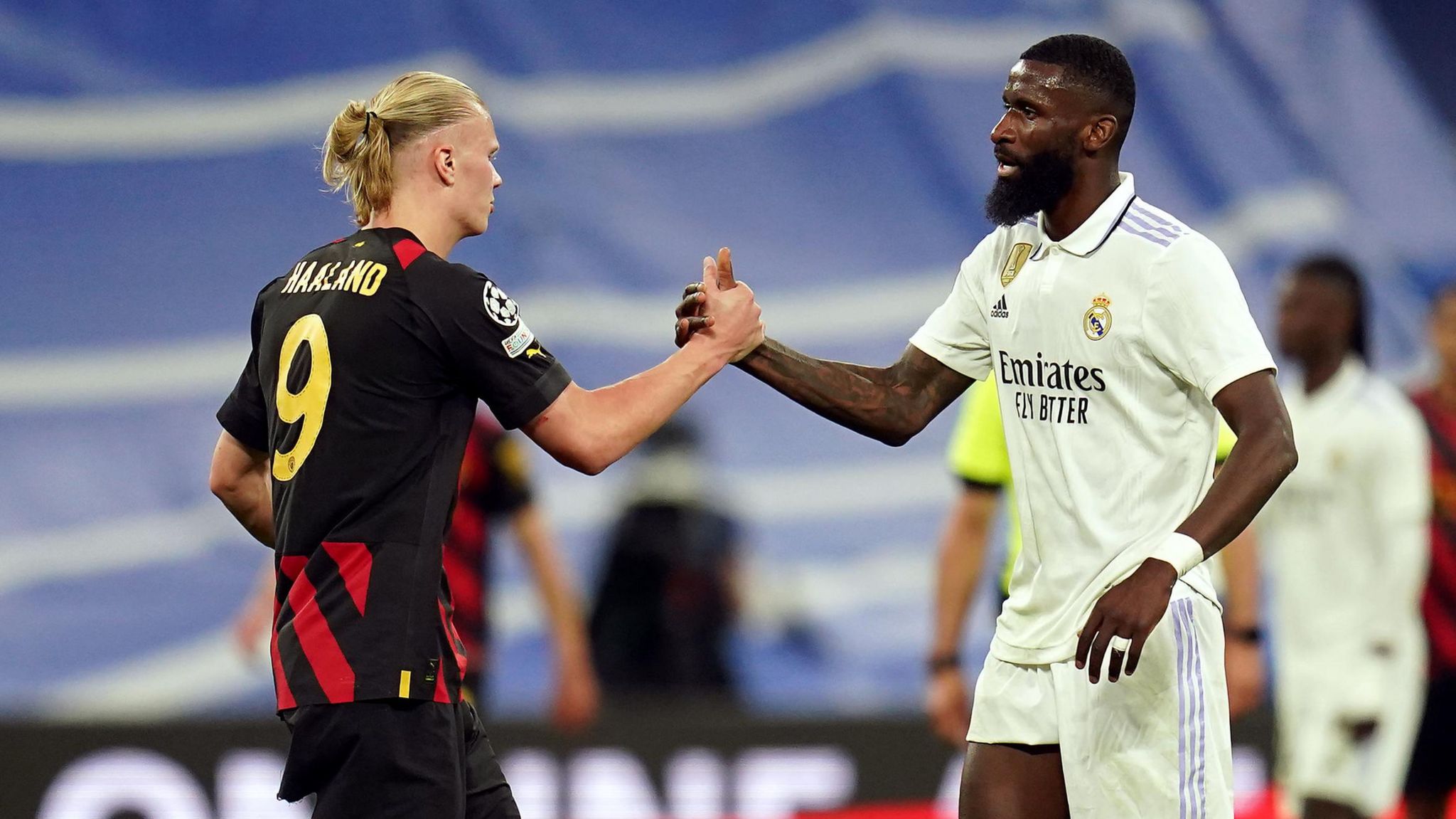 Rudiger shakes Haaland after Real Madrid's clash with Man City